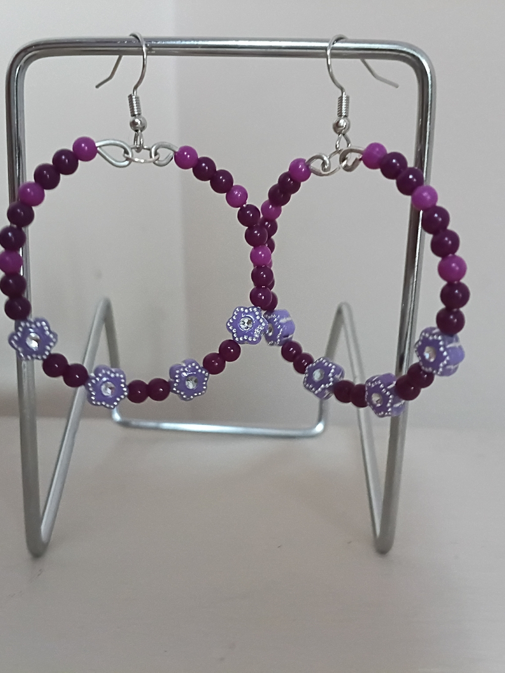 Handmade Purple Beaded Hoop Earrings - Picture 3 of 3